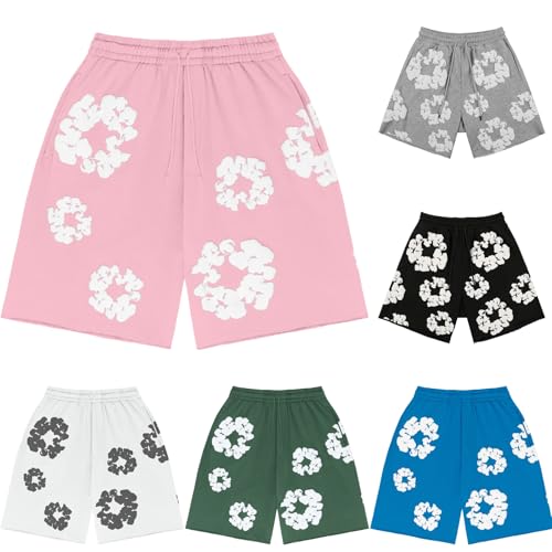 Shorts Herren Sommer Blume Unisex Y2K Hip Hop Strandshorts mit Taschen Kurze Hose Beach Shorts mit Kordelzug und Taschen Blumendruck Elastische Taille Sportshorts Pink M