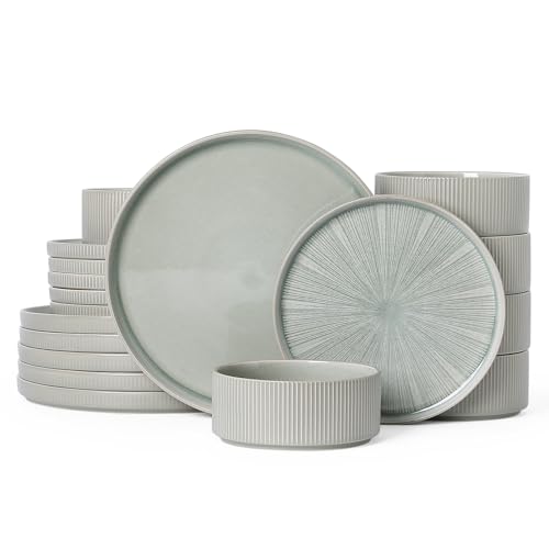 Image of Dinnerware Sets, Ceramic Plates and Bowls Set 18 Piece Dinnerware for 6 Chip Resistant Stoneware with Advanced Inkjet Printing Technology, Dishwasher and Microwave Safe-Sage Green