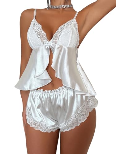 OYOANGLE Women's 2 Piece Pajama Set Contrast Lace Bow Front Ruffle Hem Cami Crop Top and Shorts Set4
