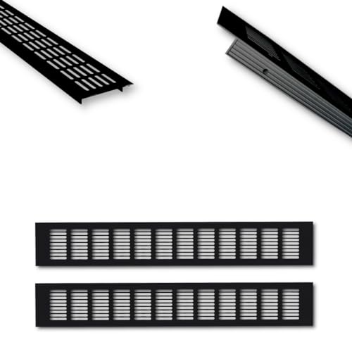 HOOZ Juego de rejillas de ventilación de aluminio, 50 x 8 cm, color negro, 2 unidades de 500 mm, ventilación ideal para cocina, baño, inodoro, armario, protección contra insectos, chapa