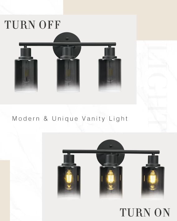 Miniatura 5 de Lámparas de baño negras mate sobre el espejo, 3 lámparas de baño con pantalla de vidrio degradado negro, accesorios de iluminación de baño de 18