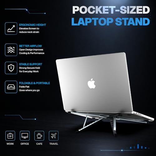 Image of Amkette Ergo Fold Pro 4 in 1 Laptop Stand Metal for Phone, Tablet & Laptop, 8 Level Foldable Aluminium Laptop Stand with MagSafe Mount, 180 Rotating Design, Adjustable Viewing, Anti Slip Grip Black
