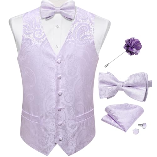 Image of DiBanGu Mens Paisley Suit Waistcoat,Silk Dress Vest and Bowtie Pocket Square Cufflinks with Lapel Pin Set for Wedding Tuxedo