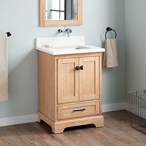 Signature Hardware 483350 Quen 24" Free Standing Single Basin Vanity Set with Cabinet, Vanity Top, and Undermount Sink - No Faucet Holes - Driftwood Brown/Arctic White Quartz