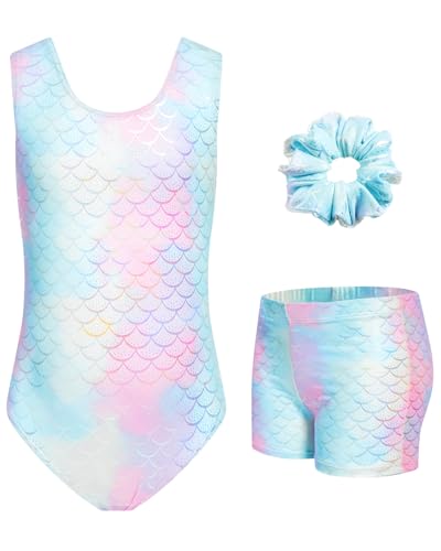JiAmy Gymnastics Leotards for Girls, 3Pcs Sleeveless Athletic Outfit Sparkly Dance Unitards with Shorts Ballet Biketards 9-10 Years
