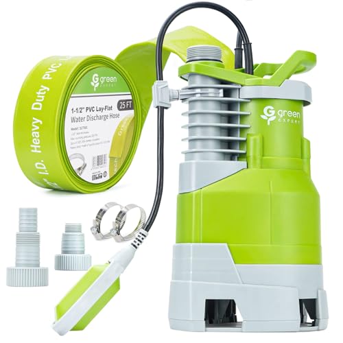 Water Removal Kit by Green Expert: Powerful Sump Pump with 25FT PVC Discharge Hose Max 5000 GPH High Flow for Quick Water Drain