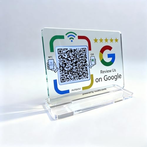 NUUBIZ Review Tap Card Stand – NFC Review Us Sign, Clear Acrylic Insertable Display with Separate Base & Transparent Top, Easy Setup, Smartphone Compatible, Boost Reviews & SEO