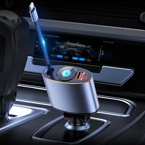 Retractable Car Charger,Topume 60W Fast Charging USB C Car Charger,Retractable Cable 2.9FT[for iPhone Cable] and Colorful Ambient Lighting car Adapter for iPhone 16/15/15 Pro Max/14/13/12/11,Galaxy