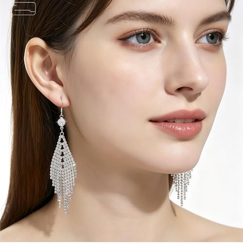 RUCKEL Silver Chandelier Earrings for Women, Long Rhinestone Drop Earrings — view 4