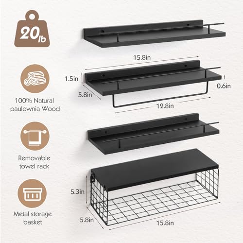 SALA Bathroom Shelves Wall Mounted Set of 4, Bathroom Floating Shelves Over Toilet Paper Holder Storage with Towel Rack, Wood Wall Shelves for Bathroom, Living Room, Bedroom, Kitchen, Black - Thumbnail 3