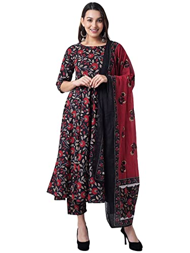 Image of Amayra Women's Rayon Printed Black Anarkali Kurta with Palazzos Pants and Dupatta Set