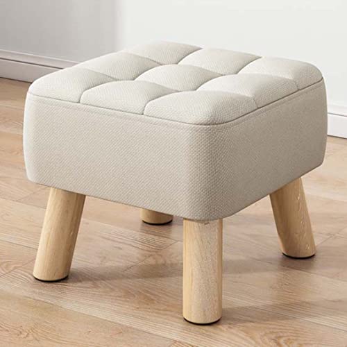 Taburete cuadrado tapizado de lino de madera con asiento acolchado para zapatos, tamaño pequeño, ideal para decoración de sala de estar y dormitorio, color beige (30 x 30 x 26 cm)