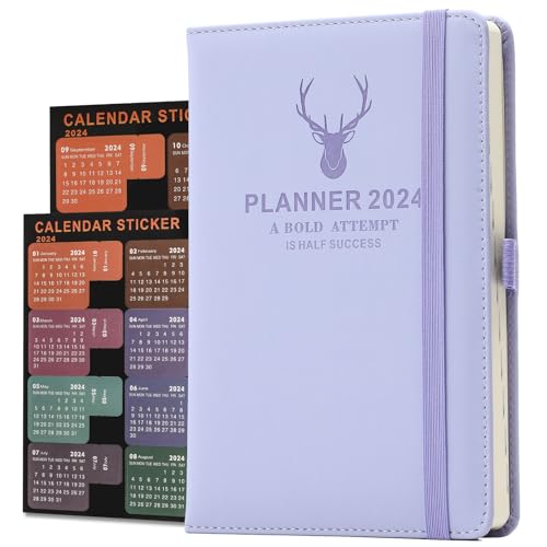 Agenda académica 2024, agenda diaria 2024 de enero de 2024 a diciembre de 2024, agenda diaria A5 con anillo de pluma, marcadores, calcomanías mensuales, bolsillo interior, 14 x 21,5 cm (Morado)