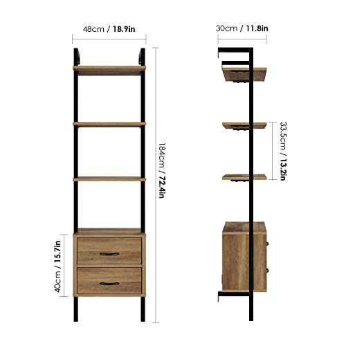 HOMECHO Ladder Bookshelf, 4-Tier Ladder Bookcase with 2 Fabric Drawers, Tall Display Shelves Storage Cabinet for Home Office, Wood and Metal Frame, Brown