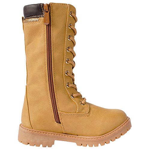 ANNA Dallas 17K Girls Lug Sole Lace Up Zip Ankle High Hiking Boots with Top Zipper - Camel, 103