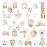 Julie Wang 100 Pieces Mixed Enamel Pink Theme Charms Fashion Lipstick Hat Purse High Heel Shoes Pendants for Women Necklace Bracelet Jewelry Making
