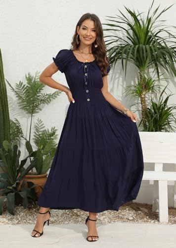 Image of OSTOO Women's Floral Maxi Dress Boho Summer Short Sleeve Smocked Waist Tiered Long Dress