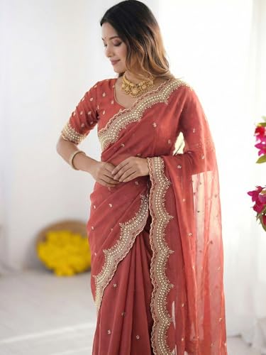 Image of SIRIL Women's Shimmer Georgette Scalloped Border Sequins Embroidery Saree with Unstitched Blouse Piece