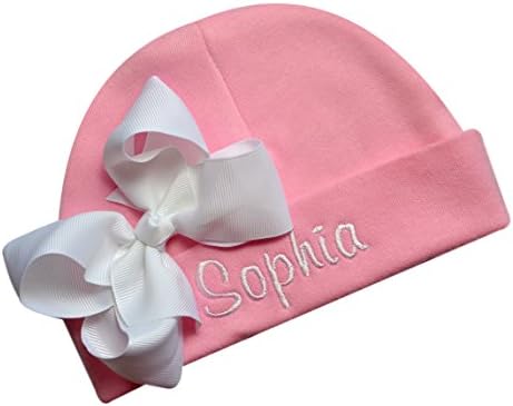 Personalized Embroidered Baby Girl Hat with Grosgrain Bow with Custom Name (Pink Hat/White Bow)