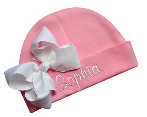 Personalized Embroidered Baby Girl Hat With Grosgrain Bow With Custom Name (Pink Hat/White Bow) #TOP15