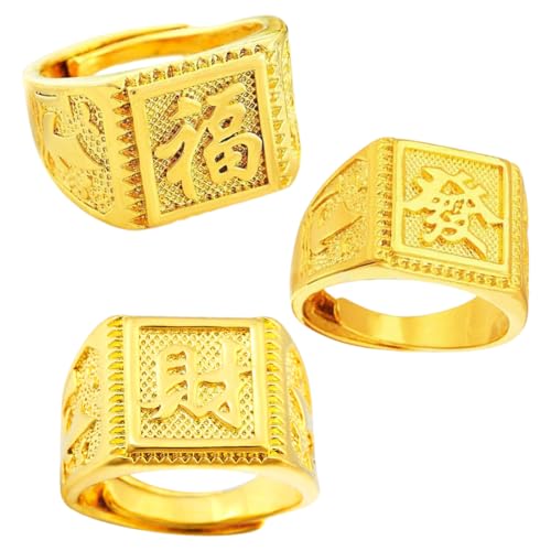 Anillos Hombre,3 Piezas Anillo Chapado en Oro de los Hombres Anillo de Sello Ajustable,Anillo de Dedo Pulgar Abierto,Anillo de Boda, Anillo de Kanji Riqueza de Suerte Juego de Anillos