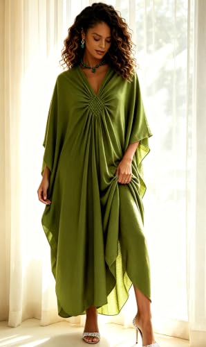 Image of RanRui Caftans for Women Solid Color Chiffon Plus Size Kaftan Dresses Beach Cover Up V Neck Batwing Sleeve Caftans Loungewear