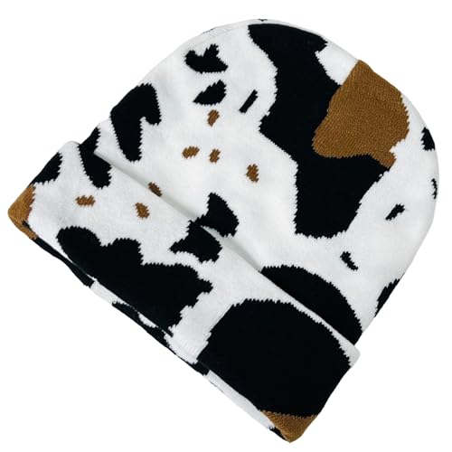 New! Super Soft Unisex Animal Print Winter Knit Beanie (Brown & Black Cow Print)