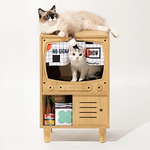 Cat TV House Wooden Cat Condo Cat Bed for Indoor Cats Sturdy Luxury Cat TV Furniture with Cat Scratcher and Storage Space (Nature)
