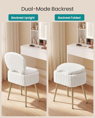 Image of SONGMICS Small Vanity Chair with Storage and Folding Back, Vanity Stool, Footrest Footstool Ottoman, Dressing Table Stool, Furry Padded Seat, for Makeup Room, Bedroom, Cream White ULOM532WD01