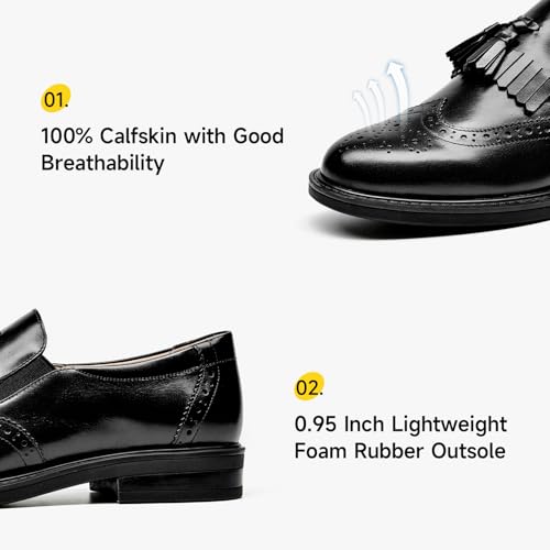 Image of BEAU TODAY Tassel Loafers for Women,Leather Brogue Dress Shoes,Wingtips Oxford for Women,Breathable Comfortable Slip-on Lace-up Handmade Flat Shoes for Business Work
