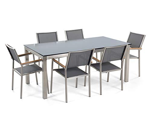 Beliani 6 Seater Garden Dining Set Black Glass Top Grey Chairs Steel Frame Grosseto