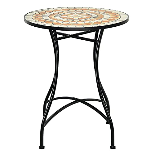 TANGZON Mosaic Garden Table Heavy Duty X-Shaped Metal Frame Round Outdoor Table Bistro Patio End Side Tables for Home Balcony Backyard Terrace (Black + Orange)