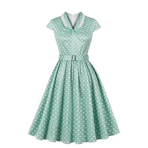 Image of Wellwits Women's Floral Applique Collar Polka Dots Vintage Cocktail Dress Light Green M
