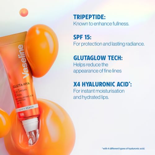 Image of Vaseline Gluta-Hya Juicy Peach Lip Gloss, Serum Lip Care with Hyaluronic Acid and GlutaGlow Technology, Tints, Plumps and Protects with SPF15 for Plumper Lips | 10 ml