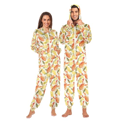 Wudan Pijama de una sola pieza para adultos con capucha, jersey de langosta y beige limón, Pescado de langosta con beige limón, S