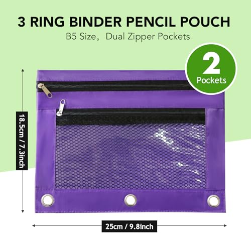 Image of Pencil Pouch for 3 Ring Binder, Heavy Duty Canvas Dual Zipper Pen Bag with Clear Window, Smooth Metal Zipper, Fit Standard 3-Ring Binders for School Office Travel Supplies (Purple)