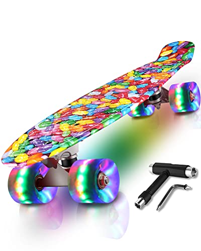 Monopatín Skateboard Completo Niños con 4 Ruedas LED para Niño y Niña Penny Board Mini Cruiser de 55CM con Herramienta T de Patinete Todo-en-uno (Piedras) Cover