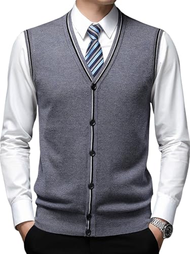 Men's Sweater Vest V Neck Slim Fit Stripe Casual Sleeveless Button Down Knitted Pullover Sweater