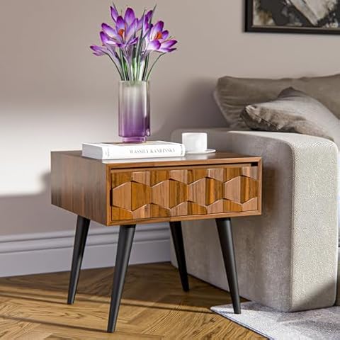 Bme Georgina Solid Wood Nightstands with Drawers - Fully Assembled Rustic Geometric Pattern Bedside Cabinet - Mid Century Modern Side Table for Living Room, Bedroom, Dark Chocolate Cover