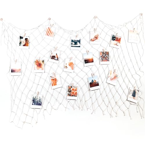 BIZYAC Hanging Photo Display Fishnet Wall Boho Décor with Clips - Sculptural Picture Frames Collage - 20 Clips - 4 Non-Trace Hooks - No Holes Drilling - 40 x 35 inch