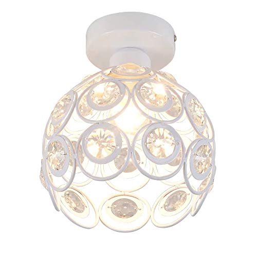 iDEGU Plafonnier Moderne Lustre Abat-jour en Cristal et Métal LED Suspension Luminaire Vintage Industrielle E27 Lampe de Plafond Intérieure Décoration pour Chambre Couloir - Blanc, 20 CM