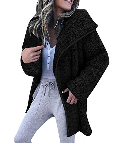 Womens Oversized Hooded Cardigan Sherpa Jacket Fuzzy Fleece Teddy Coat Outwear with Pockets (Black, 3XL)