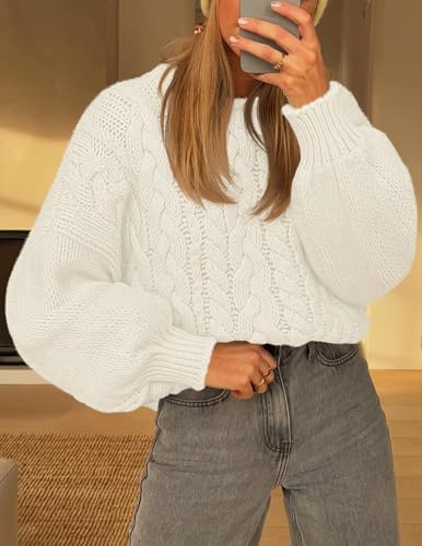 MEROKEETY Womens Fall Cable Knit Sweaters 2025 Long Lantern Sleeve Crewneck Chunky Loose Pullover Tops Winter Clothes2