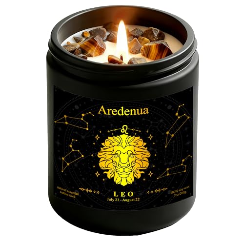 Image of Leo Zodiac Candles, Sunny Citrus Candle with Tiger's Eye Crystals | Astrology Leo Birthday Gifts for Women Men, Black Gift Box, 7 oz Soy Candle, 50 Hour Burn Time, Black Jar