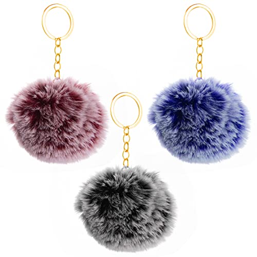 QUACOWW Lot de 3 porte-clés duveteux avec pompons pour filles et femmes, accessoires de sac de voiture, téléphone portable et sac d'école (couleurs mélangées), gris, taille unique Cover