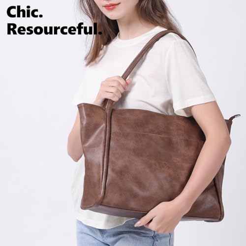 Image of Large Tote Bag for Women Work with Zipper 16L Vegan Leather Ladies Travel Purses and Handbags