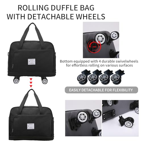 Rolling Duffle Bag with Wheels Foldie Travel Bag Expandable Foldable Rolling Tote Bags Overnight with Detachable Wheels Carry On Luggage for Men Women Black4