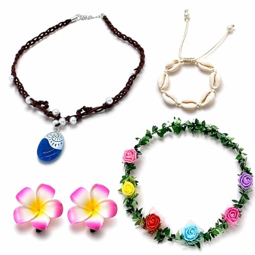 Collier Fleur Collier de Fleurs Ensemble Accessoires Été Fille Enfant 4 Pièces Collier Pendentif Coquillage Bracelet Cheville Couronne Fleur Clip Cheveux Déguisement...