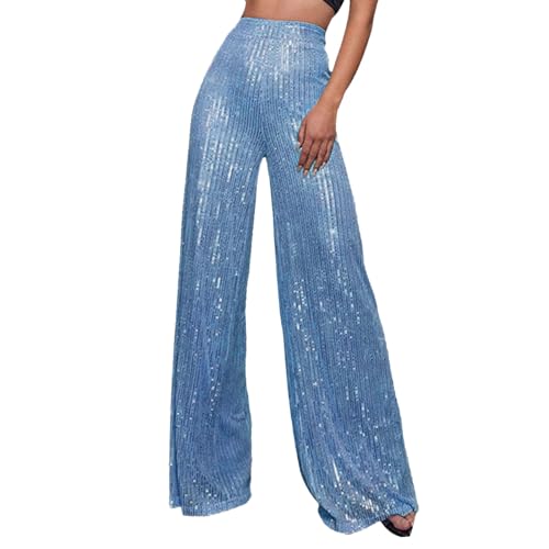 Womens Wide Leg Pants Elastic High Waist Sequin Sparkly Dance Pants Baggy Summer Fashion Baggy Palazzo Stretch Trousers Blue