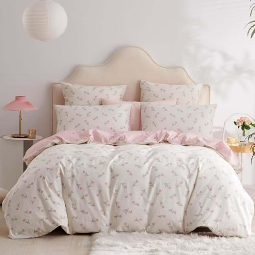 Tospass Baumwolle Bettwäsche Set 135x200cm 2teilig Weiß Rosa Grün Blumen Floral Bettwäsche Blumenmuster Mädchen Elegant Bettbezug mit...